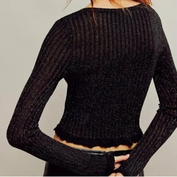 Free People Erica Lurex Metallic Ribbed Black Y2K Coquette Girl Cardigan NWOT XS - Picture 3 of 8
